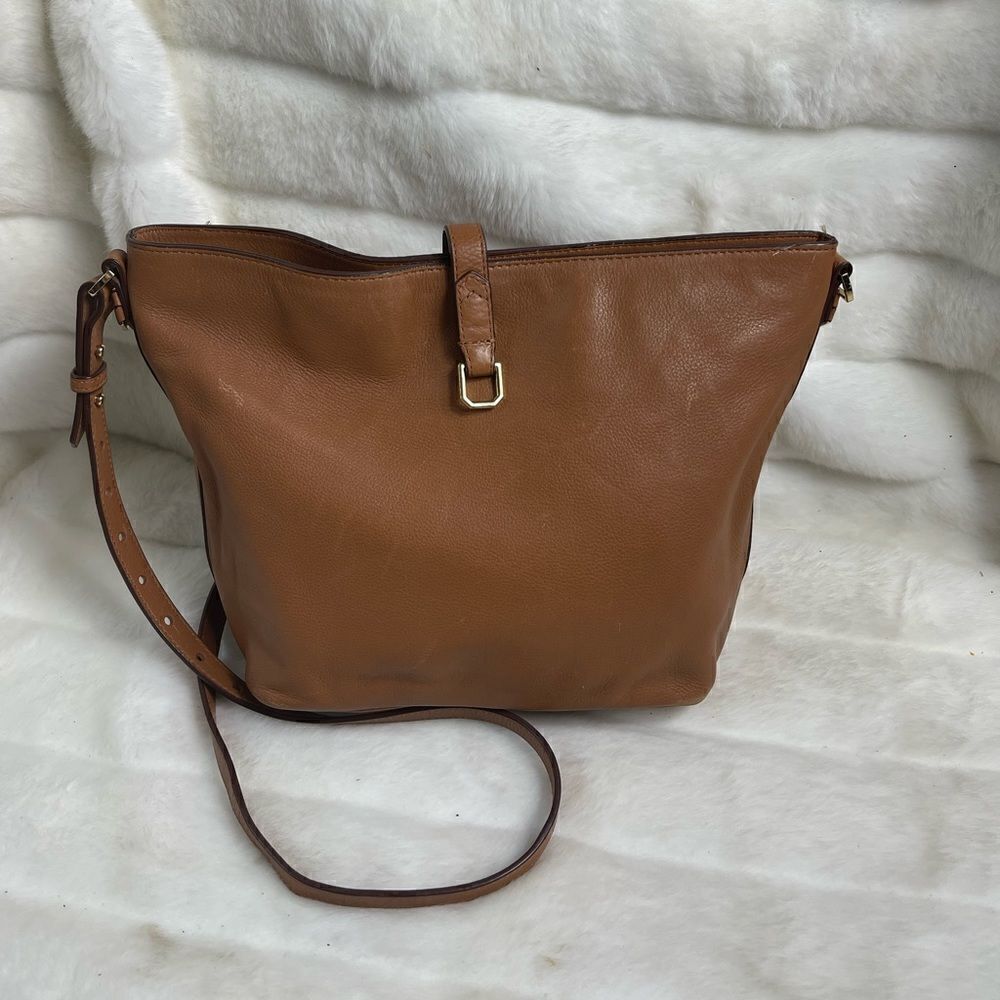 Covet by Stell &Dot leather tan shoulder/ crossbody bag with gold tone accents